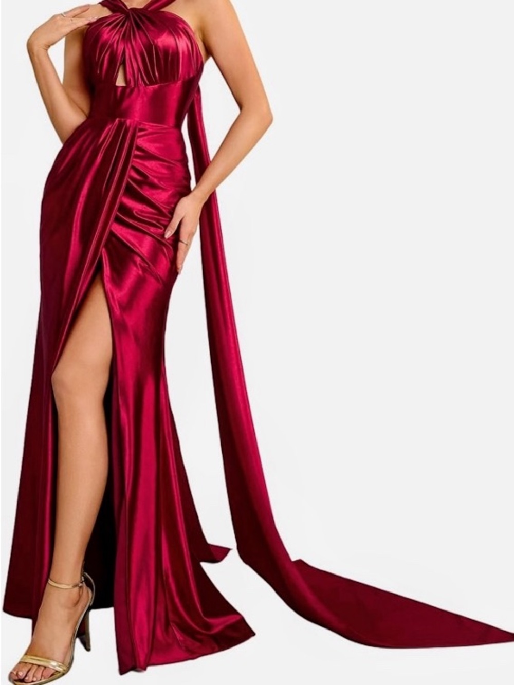 Satin Strapless Evening Gown in Burgundy with Dramatic Train